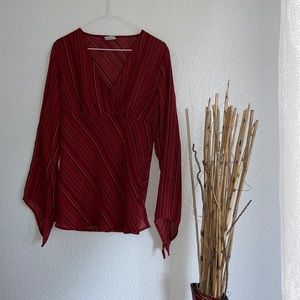 Y2k||vintage||grunge|| pinstripe, see-through,side slit, sheer v-neck blouse